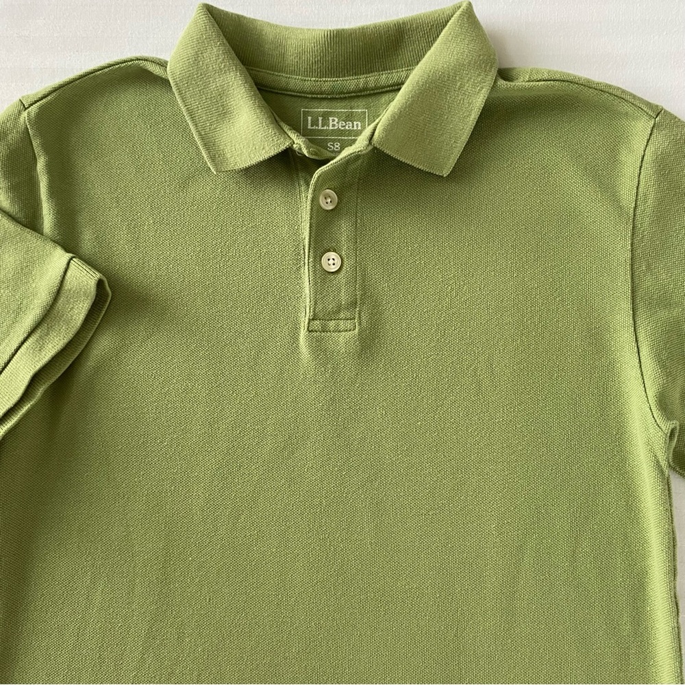 LL Bean Polo Shirt Size 8 Boys Shirt Sleeved Green Collar 3 Button
